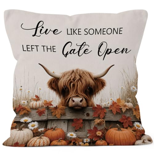 Fall Western Highland Cow Pumpkin Leaves Throw Pillow Covers 18x18 - color: Highland Cow-08