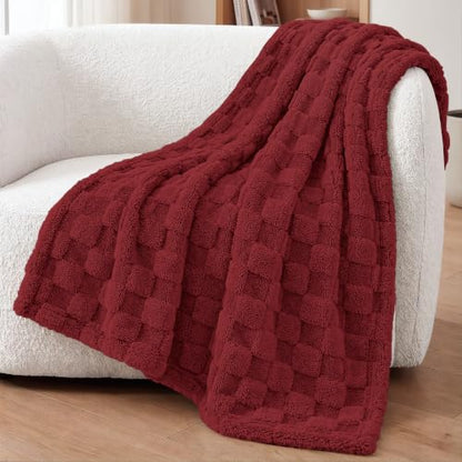 Utopia Bedding Plush Checkered Fleece Blanket Burgundy Throw, 50x60 Inch - color: Burgundy, size: Throw