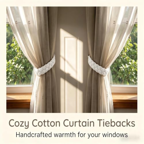 Home Queen Hand Braided Curtain Tieback, Buckle Holdback Drapery Curtain Tie Back, 2 Rope Cotton Belt Curtain Tie with 2 Metal Hooks, White - color: White, size: 2PC