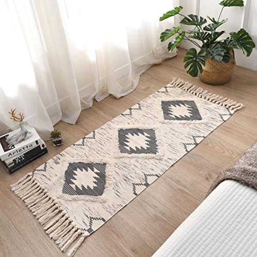 Boho Runner Rug 2'x4.3', Washable Hallway Rug Runner Non Slip Rubber Backed, Kitchen Farmhouse Area Rug Floor Mat with Tassels, Tufted Woven Cotton Entryway Carpet, Grey - color: Grey, size: 2' x 4'3" (Runner)