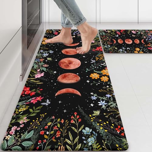 Kitchen Rug Mats for Floor Cushioned Anti Fatigue Black Kitchen Rugs Sets of 2 Moon Garden Floral Non Slip Waterproof Comfort Memory Foam Standing Floor Mat for Office Laundry Sink Desk - color: Garden Moon, size: 46"Lx17"W+29"Lx17"W-0.3"H