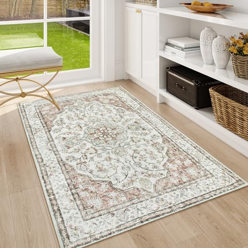 Lahome Oriental Throw Rug,3x5 Kitchen Rugs Non-Slip Washable,Ultra-Thin Boho Entryway Rug Indoor Entrance,Traditional Vintage Bathroom Rugs and Mats Soft for Bedroom Living Room Helena,Terracotta - color: Terracotta, size: 3' x 5' (Rectangular)