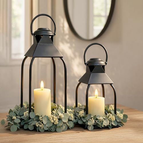 Decorative Metal Lanterns Indoor Outdoor, Candle Holder for Porch, Patio, Fireplace, Floor, Wedding, Christmas, Fall, Holiday, Farmhouse Table Centerpiece (Black, Set of 2 15.7" 12") - color: Black, size: Set of 2 15.7" 12"