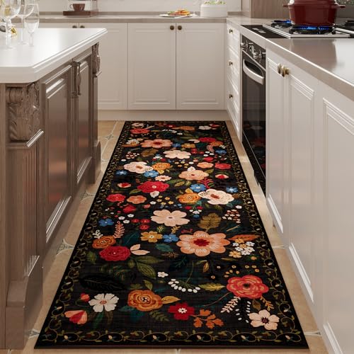 Rugcomf Runner Rug for Hallways Kitchen Rug Non Slip 2'x 6' Washable Runner Rugs with Rubber Backing Soft Floral Carpet Runner for Hallways, Kitchen, Laundry, Bedroom, Bathroom(Black) - color: Black, size: 2' x 6' (Rectangular)