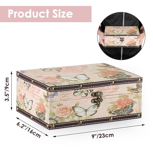 ELLDOO Butterfly Treasure Chest Box, Wooden + PU Leather Storage Decorative Box for Jewelry Trinkets Photos, Rectangular Keepsakes Box for Girls Women Gifts