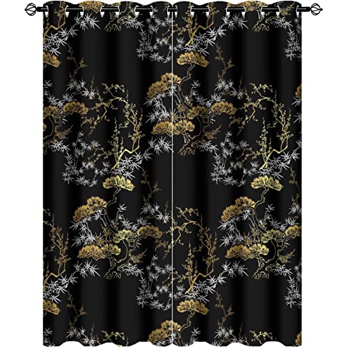 Cool Japanese Curtains,Modern Black Gold Japanese Chinese Pine Pattern Window Drapes Thermal Insulated Grommet Blackout Curtains for Bedroom 2 Panels 54L x 21W - color: Cool Japanese, size: 42"W x 54"L (Pack of 1)