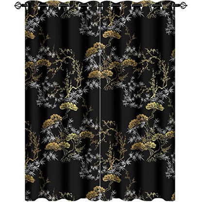 Cool Japanese Curtains,Modern Black Gold Japanese Chinese Pine Pattern Window Drapes Thermal Insulated Grommet Blackout Curtains for Bedroom 2 Panels 54L x 21W - color: Cool Japanese, size: 42"W x 54"L (Pack of 1)