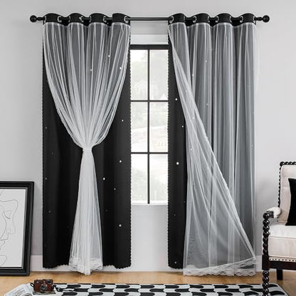 XiDi Black Curtains for Bedroom 63 Inches Long Star Blackout Curtains 34x63 - color: Black, size: 34"W x 63"L (Pack of 2)