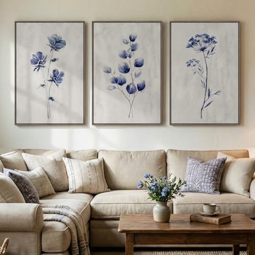 Framed Neutral Floral Botanical Wall Art for Living Room, 3 Piece 24x36 In - color: Blue & Grey, size: 24" W x 36" H x 3Pcs