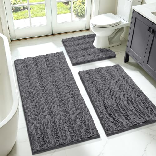 ACCUMTEK Striped Grey Bathroom Rug Set 3 Pieces Gray Ultra Soft, Non Slip Chenille Toilet Mat, Absorbent Plush Shaggy Bath Mats for Bathroom, Bedroom, Kitchen, Charcoal - color: Dark Gray, size: 2'8"x1'8"+2'×1'5"+U Shape 2'x1'8"