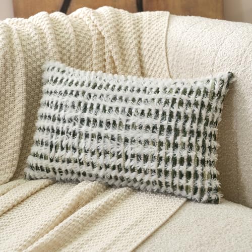Aeckself Boho Chenille Tufted Pillow Cover 12 x 20 Inch, Rectangle Decorative Lumbar Throw Pillow Cover Neutral Pillowcase for Couch Bedroom Living Room, Green White - color: Green White, size: 20" x 12" (Pack of 1)