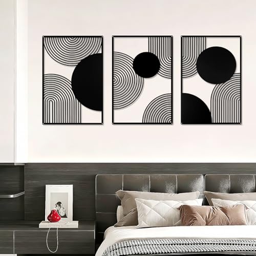 YIYA 3 Pieces Black Metal Wall Decor Black Modern Geometric Wall Decor Hanging Minimalist Line Wall Art for Bedroom Living Room Bathroom Balcony Gallery - style: semicircle