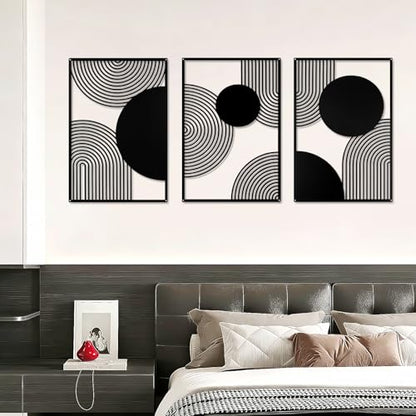 YIYA 3 Pieces Black Metal Wall Decor Black Modern Geometric Wall Decor Hanging Minimalist Line Wall Art for Bedroom Living Room Bathroom Balcony Gallery - style: semicircle