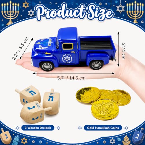 Hanukkah Truck Decor with 3 Wooden Dreidels and Gold Gelt Coins, 5.7-Inch - color: Hanukkah Blue