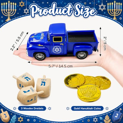 Hanukkah Truck Decor with 3 Wooden Dreidels and Gold Gelt Coins, 5.7-Inch - color: Hanukkah Blue