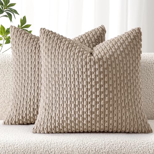 MIULEE Decorative Throw Pillow Covers 16x16 Light Brown Textured Corduroy - color: Light Brown, size: 16" x 16" (Pack of 2)