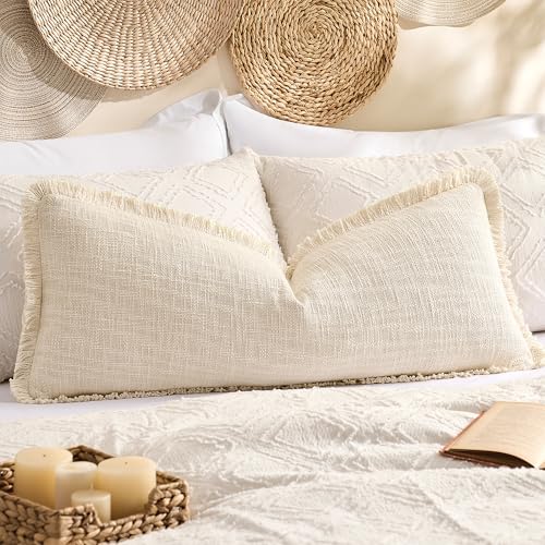 100% Cotton 14x36 Inch Lumbar Pillow Cover with Fringe 1 Pack, Beige - color: A-beige, size: 36" x 14" (Pack of 1)