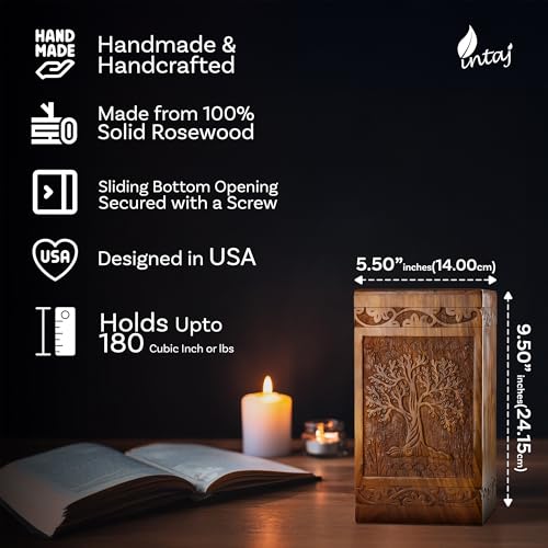 Tree of Life Wooden Urn for Human Ashes, Large 180 Cu in, Rosewood - color: Rosewood Tree of Life, size: Large (180 cu in)