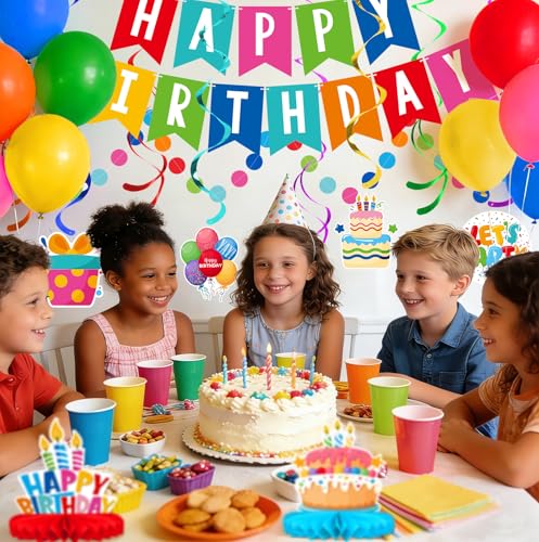 Happy Birthday Decorations Kit: Happy Birthday Banner,Birthday Circle Confetti Garland, Swirl Streamers, Honeycomb Balls, Birthday Balloons and Honeycomb Centerpiece for Kids' Birthday Party Supplies - style: BIRTHDAY