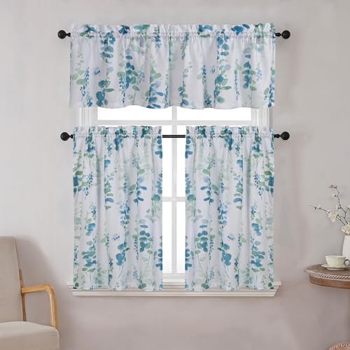 Regal Home Collections Kitchen Tiers & Window Valance Curtains Set - 54"x36" Rod Pocket Cafe Tier & Curtain Valances for Windows - Light Filtering Fabric, Floral White/Blue - color: Adela/Blue