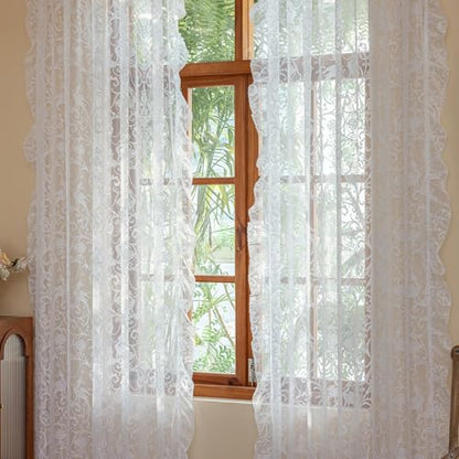 TUDECO White Lace Curtains 63 Inch Length, Ruffle Edges, 59 x 63, 2 Panels - color: White, size: 59"W x 63"L (Pack of 2)