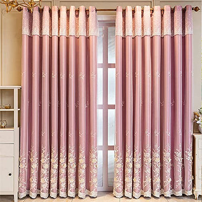 Amidoudou 1 Pair European 3D Flower Luxury Embroidered Curtains Double Layer Curtains with Valance for Living Room Bedroom (Pink,52x84 Inch) - color: Pink, size: 52"W x 84"L (Pack of 2)