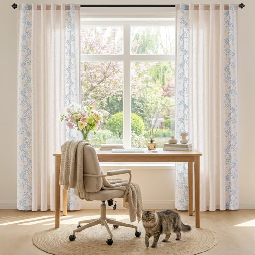 jinchan Floral Linen Curtains, Back Tab 50x96 Inch, 2 Panels Blue - color: Vine | Sky Blue, size: 50"W x 96"L (Pack of 2)