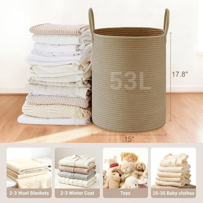 53L Tall Cotton Rope Laundry Basket with Handles, Jute - color: Jute, size: 53L