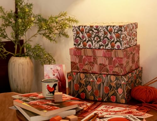 3-Piece Decorative Storage Boxes with Lids, Tulip Design, Vintage Floral, Cardboard Paperboard Keepsake box Set, Photo Storage Box for Memory, Home Decor, Modern Decoration Organizer - color: TULIP