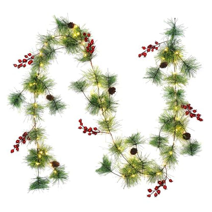 Christmas Garland with Lights, 6 FT Battery Operated Garland with 60 LED Lights, Timer, Lighted Garland with Berries Pine Cones for Mantle Stairs Railing Home Xmas Decoration Indoor