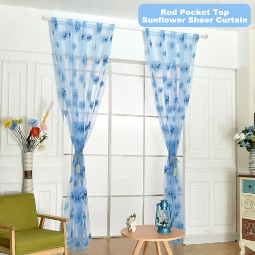 Ufurty 2pcs Sunflower Window Curtain Blue Floral Voile Sheer Curtains - color: Blue Flower, size: 39.4"W x 78.7"L (Pack of 2)