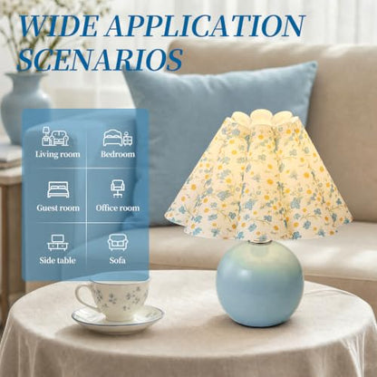 Blue Ceramic Small Table Lamp for Small Space, Cute Bedside Lamps Nightstand Mini Lamps, Scalloped Shade Lamp for Kitchen Counter, Bookshelf, Kids Dorm - color: Blue