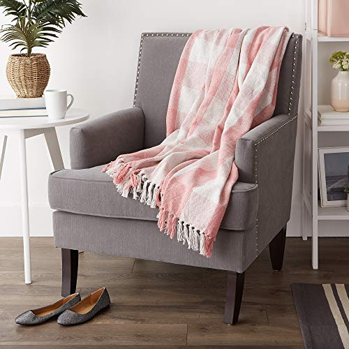 DII Buffalo Check Collection Rustic Farmhouse Throw Blanket with Tassles, 50x60, Pink/White - color: Pink/White, size: 50x60"