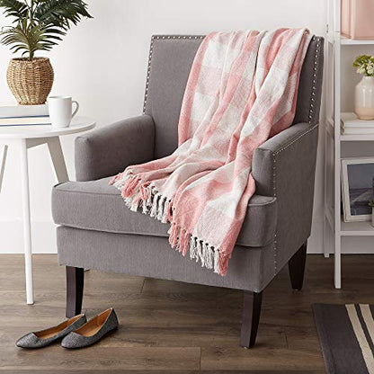 DII Buffalo Check Collection Rustic Farmhouse Throw Blanket with Tassles, 50x60, Pink/White - color: Pink/White, size: 50x60"