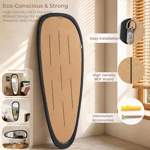 60"x22" Asymmetrical Mirror, Solid Wood Frame, Irregular Design - color: Black, size: 60"L x 22"W