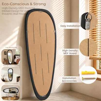 60"x22" Asymmetrical Mirror, Solid Wood Frame, Irregular Design - color: Black, size: 60"L x 22"W