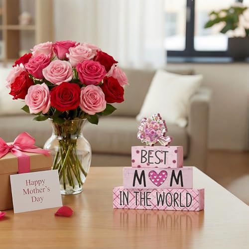 Smile 4 Pcs Mother's day Indoor Wooden Decor, Best Mom In the World Tiered Tray Farmhouse Table Decoration for Home and Office - style: Motherday