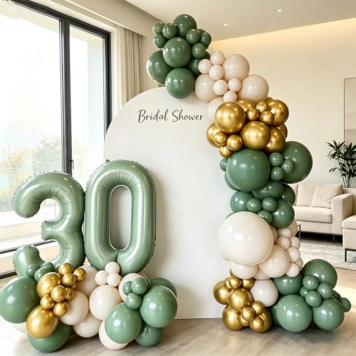 12 Inch Sage Green Gold Balloons for Safari Woodland Baby Shower Birthday - color: Sage Green White