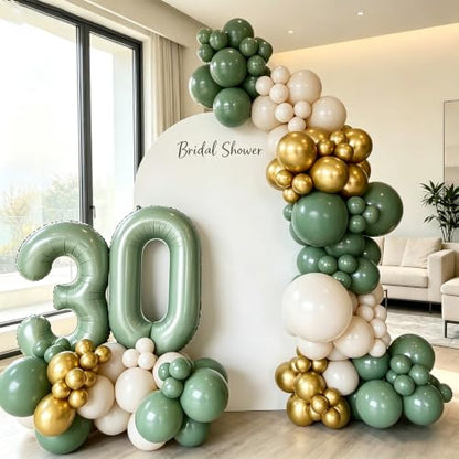 12 Inch Sage Green Gold Balloons for Safari Woodland Baby Shower Birthday - color: Sage Green White
