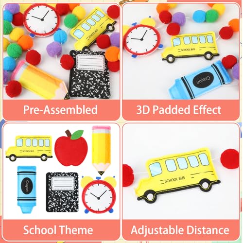 Jansun 8.2 Ft 3D Back to School School Bus Apples Alarm Clock Garland - color: Red Yellow Blue Black Green Orange