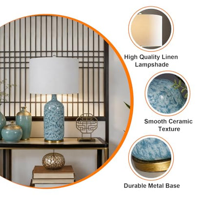 Modern Farmhouse Ceramic Table Lamp, 26" Tall Blue & White Kiln Glaze Bedside Lamp with Linen Shade, Contemporary Accent Lamp for Living Room Bedroom - color: Blue
