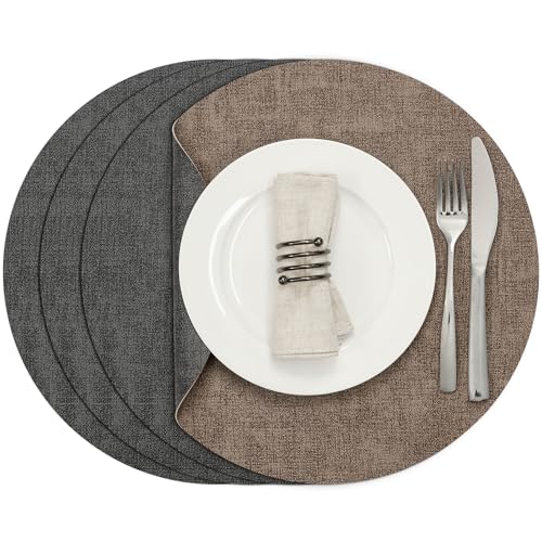 Myir JUN 14" Round Placemats Set of 4, Reversible Dual-Color Place Mats - color: Gray Brown