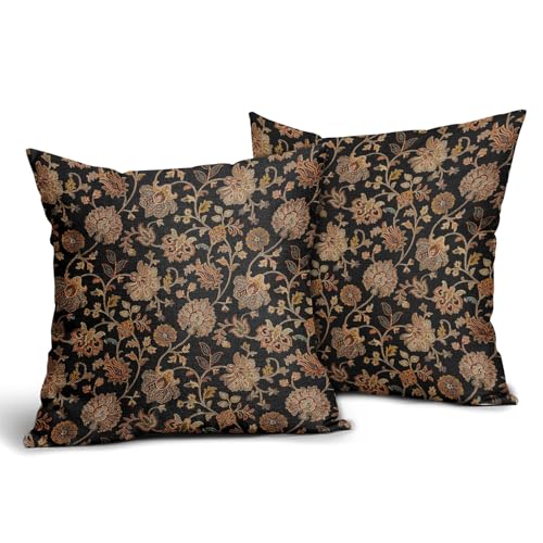 Black Brown Floral Pillow Covers 20X20 Inch Set of 2 Vintage Boho Carpet Flowers Decorative Pillow Cases Leaves Plant Cotton Linen Cushion Case Farmhouse Home Decor for Sofa Couch Living Room - color: Brown Floral, size: 20" x 20" (Pack of 2)