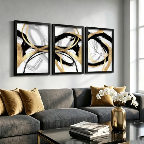 LYYGLYY 3Pcs Black Framed Abstract Black Gold Canvas Wall Art 16x24 Inch - color: Black Frame Dancing Lines, size: 16x24 Inches
