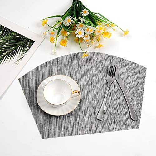 SHACOS Round Table Placemats Set of 4 Wedge Placemats Heat Resistant Woven Vinyl Table Mats Wipe Clean (4, Silver Gray) - color: Silver Gray
