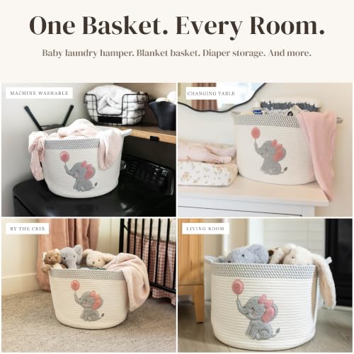 Elephant Baby Storage Basket for Girls, Cotton Rope Nursery Bin, 15x11 in - color: Girl Elephant