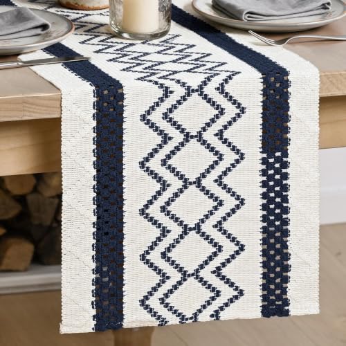 Artoid Mode Dark Blue Stripe Diamond Woven Table Runner 12x36 Inch - color: Dark Blue, size: 12" x 36", Table Runner