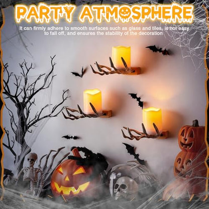 Tuanse 6 Pcs Halloween Skeleton Wall Decorations 3 Witch's Hand Wall Mounted Creepy Hands 3 Lighted Candles 3D Black Spooky Bats Double-Sided Tape for Gothic Halloween Indoor Home Decoration