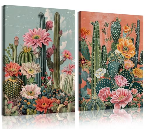RUMSICH 2Pcs Retro Western Mexican Cactus Canvas Wall Art 16×24 Inch Framed - color: Cactus flower, size: 24"L x 16"W