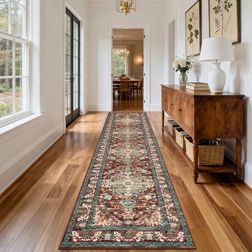 U'Artlines 3' x 12' Boho Hallway Runner Rug, Washable Carpet, Rust＆Teal - color: Rust＆teal, size: 3' x 12' (Runner)